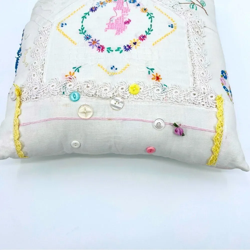 Pillow Cushion Handmade Embroidery Craft Floral Lace Crochet Multicolor Boho